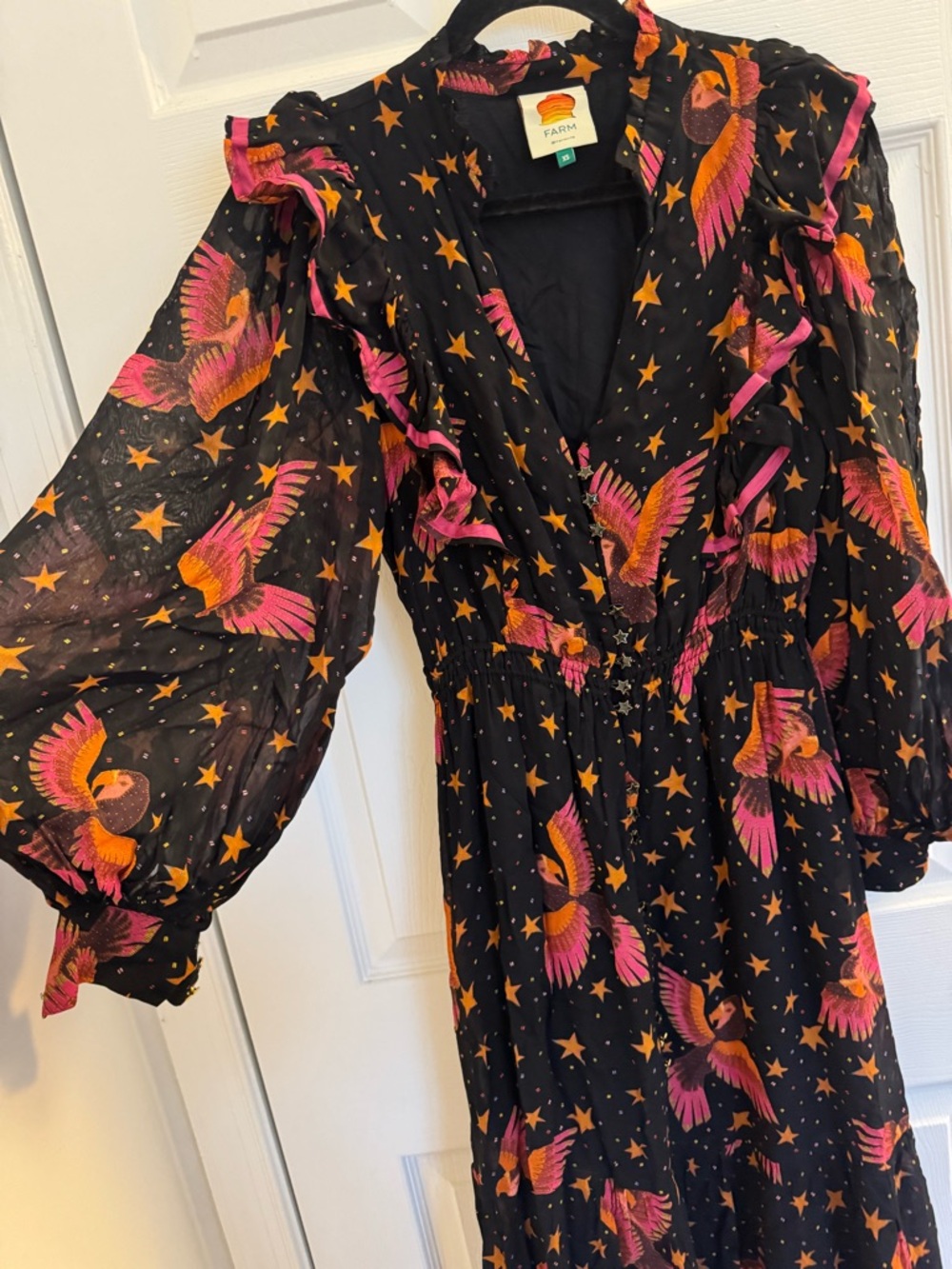 FARM Rio Black Midi Dress with Pink Floral & Star Print NWOT - Picture 12 of 14